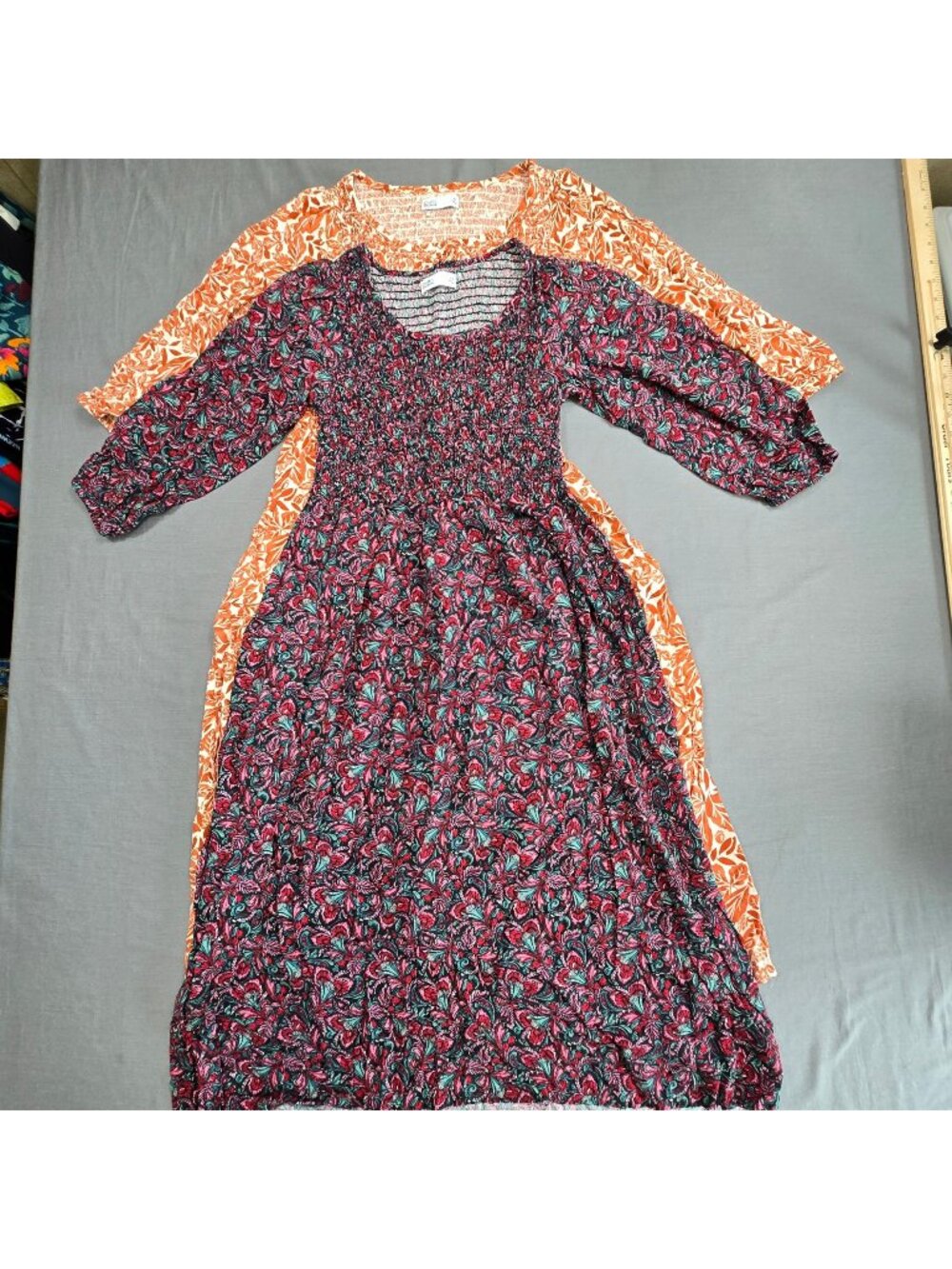 TWO Croft & Barrow XS Smocked Midi Dress Red & Orange Floral Cottage Core